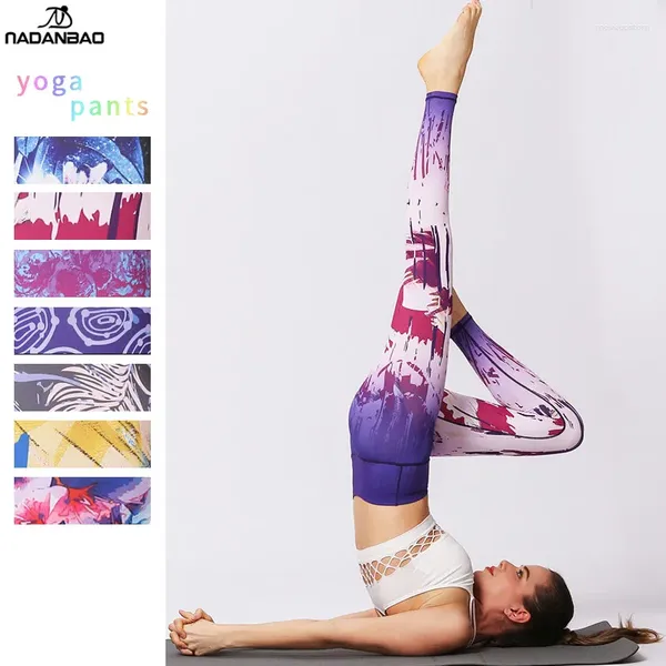 Outfit yoga Nadanbao 2024 Bellissimi pantaloni Agli leggings ad alta vita Stampa di colore blu viola Donne Sport 7 Motivi