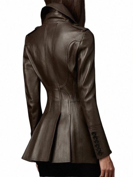 Nerazzurri Brauner Leder-Trenchcoat im britischen Stil für Damen, zweireihig, Runway Fi 2023, taillierter, weicher Kunstleder-Blazer I3oO#