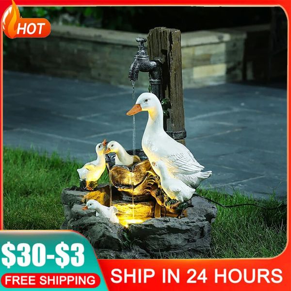 Zappers Tierstatue Solar fließendes Wasser Eichhörnchen Ente Harzskulpturen Outdoor Gartendekoration Hof Ornamente mit LED-Lichtern