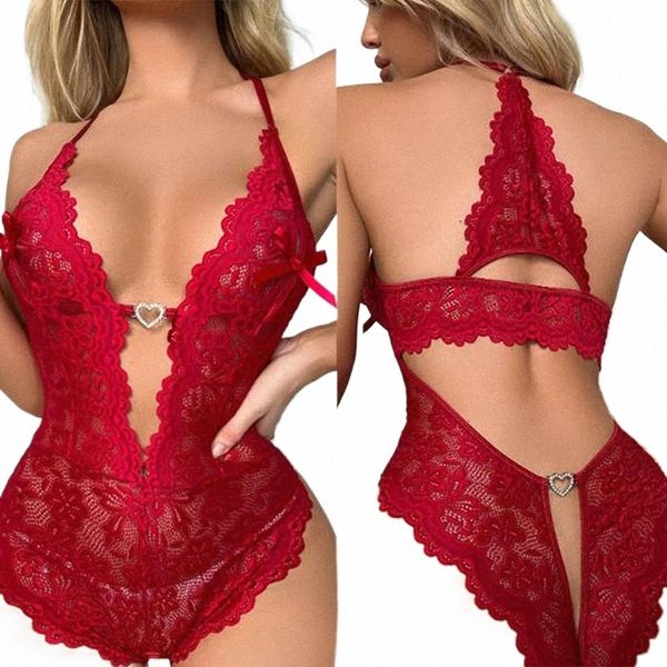 New Crotchl Red Sexy Lingerie Mulheres Lace Hollow Bodysuit Trajes Eróticos Teddy Baby Doll Dr Deep V Open Bra Porn Underwear 21VF #