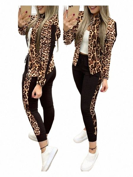 Trend Leopard 2 Комплект из двух предметов Женская одежда Спортивная одежда Верх на молнии Леггинсы Женский соответствующий комплект Спортивный костюм Женские наряды для женщин o2aZ #