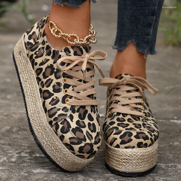 Повседневная обувь, женские модные парусиновые женские весенне-осенние дышащие кроссовки с круглым носком на шнуровке с леопардовым принтом, большой размер 43