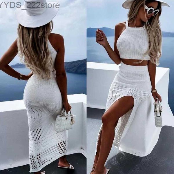 Saias Skorts Beachwear Mulheres Vestido de Verão Roupas de Férias para 2023 Novas Senhoras Saia Dividida Duas Peças Sólidas Spandex Praia CoverUp yq240328