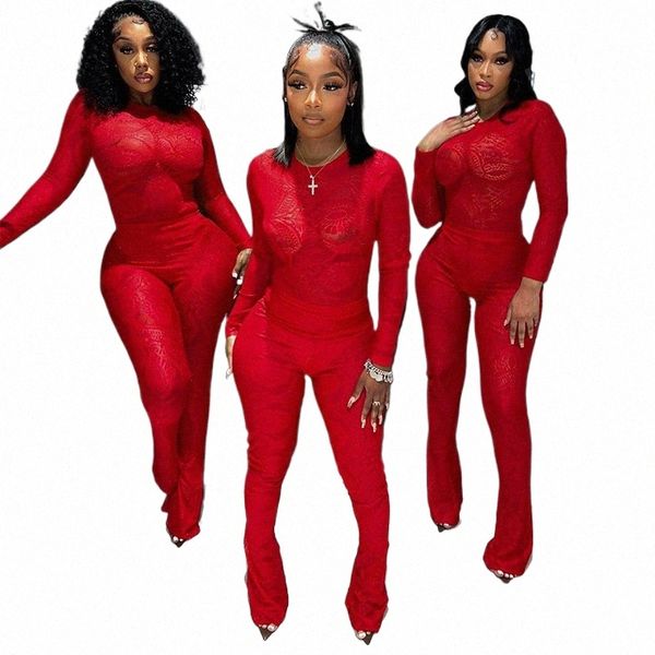 Sexy ver através do laço de duas peças conjunto feminino vermelho o-pescoço lg manga bodysuits topos cintura alta calças flare outono clube festa ternos b1gq #