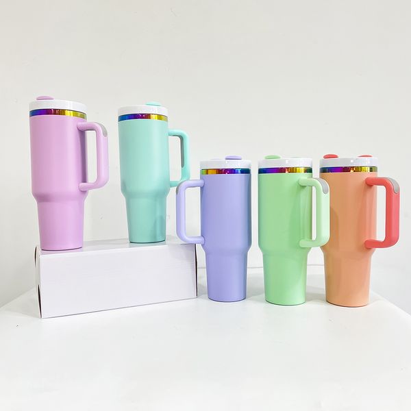 Pulverbeschichtete H2.0 40-Unzen-Kaffeetassen mit Macaron-Regenbogenbeschichtung, doppelwandige, vakuumisolierte Edelstahl-Wasserflasche mit Griff für Lasergravur