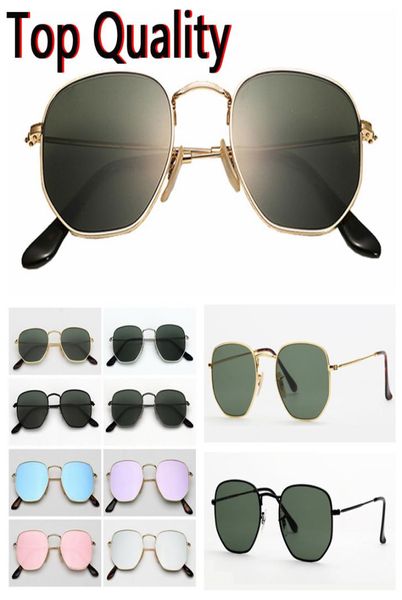 Sechseckige Metall-Sonnenbrille, flache Glaslinsen, für Herren, Damen, Herren, Damen, Sonnenbrille mit braunem oder schwarzem Etui, Stoff-Papierbox, AC9437116