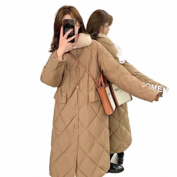 2023 inverno risvolto Lg giù cappotti giacca in pile Womans coreano colore solido cardigan allentato casual caldo di spessore donne R251 o2rG #