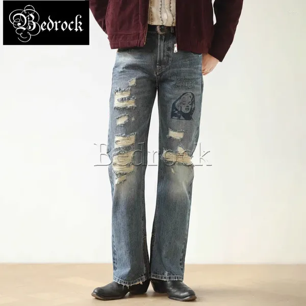 Jeans masculinos MBBCAR Mens 14.4oz mão desenhada angustiado sino-bottom calças DIY BOOTCUT calças lavagem bigodes selvedge denim queimado