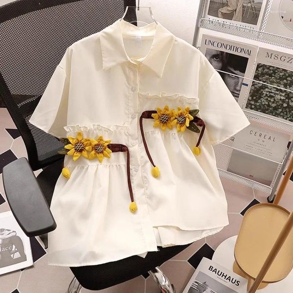 Damenblusen im japanischen Harajuku-Stil, unregelmäßiges weißes Y2k-Kurzarmshirt für den Sommer, künstlerische Blumen-Frauenoberteile