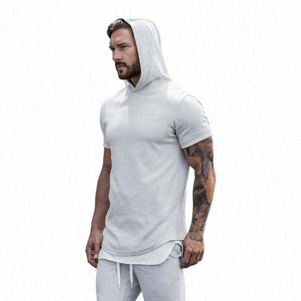 Mens Bodybuilding Felpe con cappuccio Palestre con cappuccio manica corta Fitn Abbigliamento Muscle Shirt Cott Slim Solid Cott Pullover Felpa