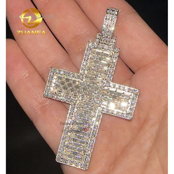 Zuanfa Joias Religiosas Solid Sier Iced Out VVS Gra Baguette Moissanite Diamante Cruz Pingente