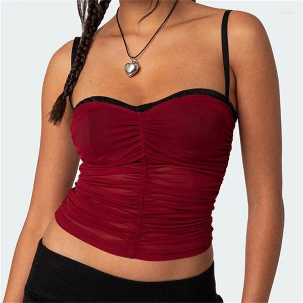 T-shirt da donna Canottiera con volant in rete da donna Top con spalline sottili a contrasto Finiture a contrasto Bustier Canotta Collo a cuore Canotta patchwork Uscire Magliette Y2k