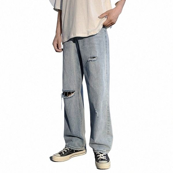 jeans strappato per uomini hombre maschi dell'estate 2021 Nuovi pantaloni di strada dritti sciolti tendenza coreana capris hip hop streetwear x39l#