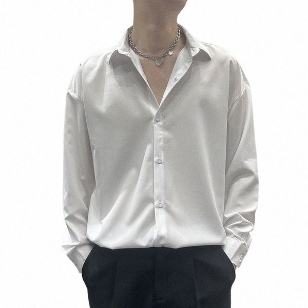 Camisas brancas masculinas Outono Estilo Coreano Fi Lg Manga Cor Sólida Busin Casual Blusas Formais Seda Gelada Simples Tops Soltos U8GJ #