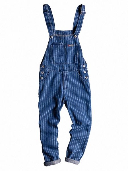 Sokotoo Macacão masculino listrado estampado azul jeans com suspensórios macacão jeans juvenil J363 #