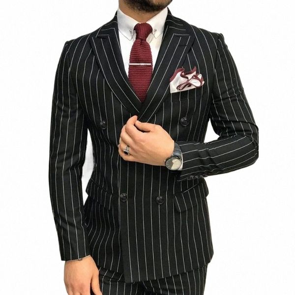 Elegante ternos listrados para homens chique pico lapela duplo breasted preto masculino terno fino formal noivo melhor homem casamento smoking 2 peça k2nd #