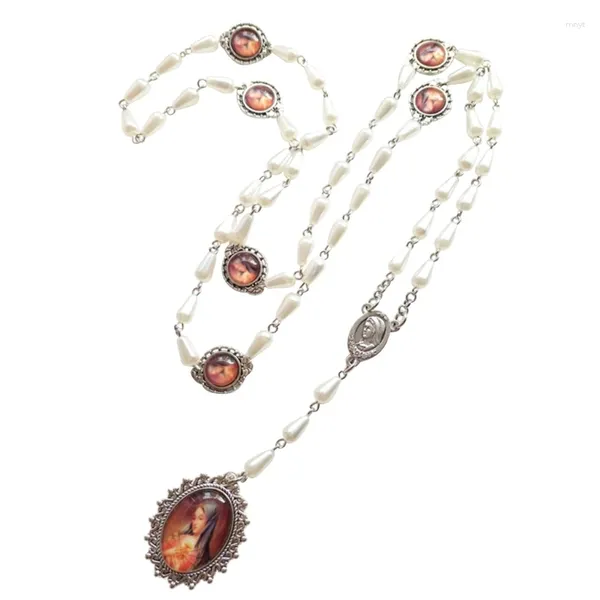 Zincirler kristal cam tespih boncukları kolye tespihleri ​​katolik hediyesi Madalya ile uzun beyaz dua boncuk katolik takılar mevcut