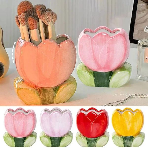 Вазы Керамическая ваза Изысканная цветочная композиция из тюльпанов Карандаш-органайзер Настольный орнамент Креативный горшок для ручек