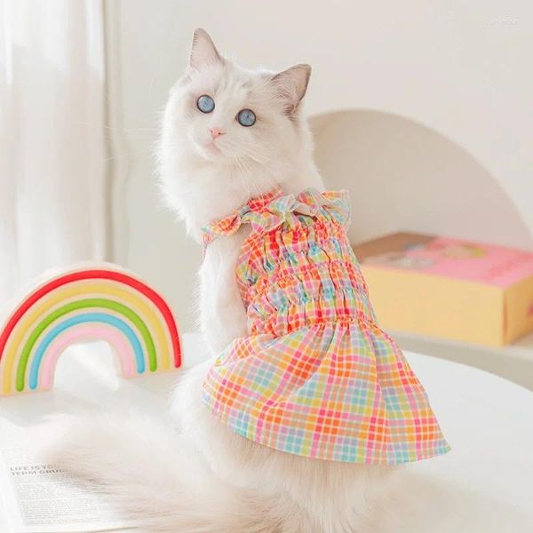 Cão vestuário moda vestido para cães pequenos bonito arco xadrez saia verão cachorrinho estilingue gato macio princesa roupas para animais de estimação