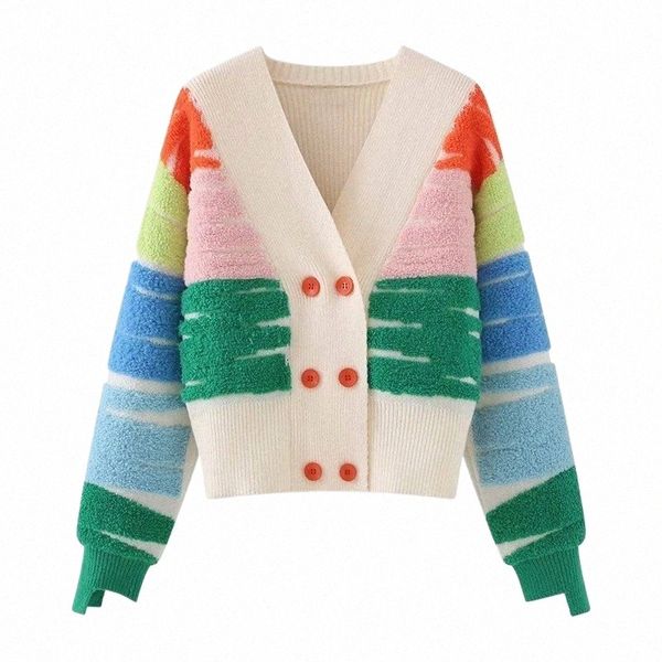 Вязаный свитер в радужную полоску, кардиган, женский двубортный пиджак с v-образным вырезом, пальто, осень-зима, свободный стильный топ DF4946 44AP #