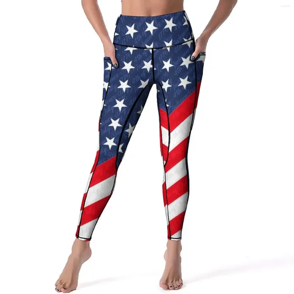 Leggings femininas EUA Bandeira Yoga Calças Bolsos 4 de julho Dia da Independência Sexy Push Up Respirável Calças Esportivas Trabalhar Leggins