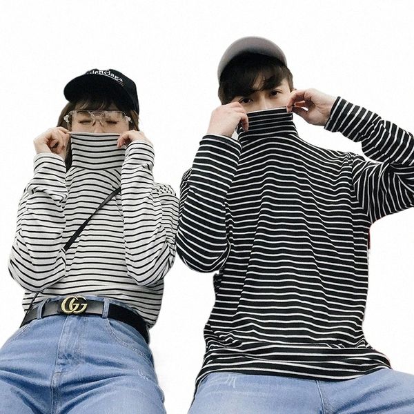 Männer Lg-Hülsen-T-Shirts Gestreifter Rollkragenpullover Stilvolle Übergröße Koreanischer Stil Ins Freizeitpaare T-Shirt Chic Ulzzang Streetwear BF t79F #