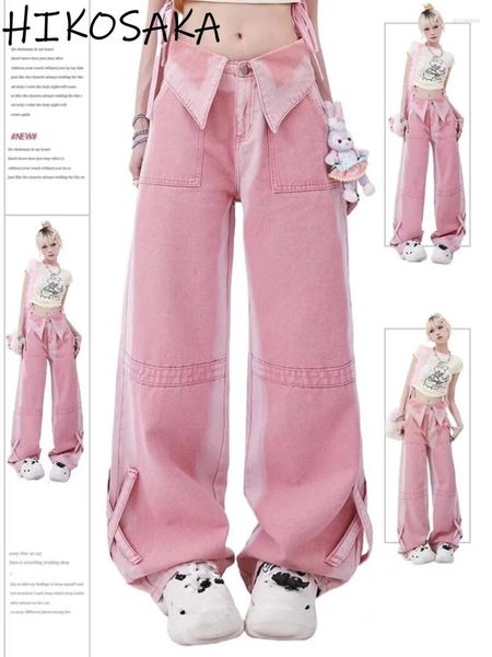 Женские джинсы Sweet E-girls Розовые джинсовые манжеты с высокой талией Винтажные прямые широкие брюки Эстетические повседневные брюки Y2k Femininos