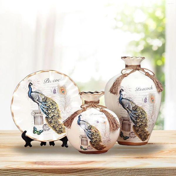 Vasi 3x porta bouquet da tavolo con decorazione classica in ceramica con pavone