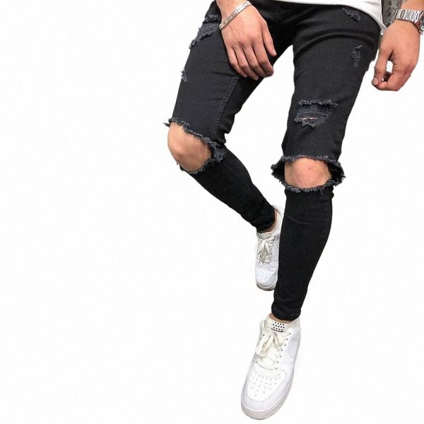 Calças de brim dos homens do vintage cor pura buraco denim w hip hop calças de trabalho calças jeans para meninos calças apertadas para homens ropa hombre d7h1 #