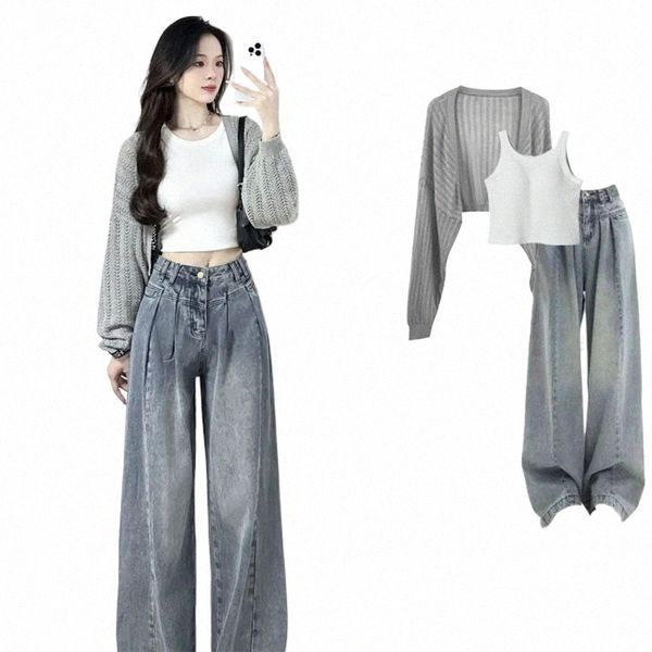 Frauen Frühling Herbst Kurze Strickjacke Weste Denim Hosen 1 oder 3 Stück Set Koreanische Dame Fi Pullover Mäntel Sling jeans Outfits 96KR #