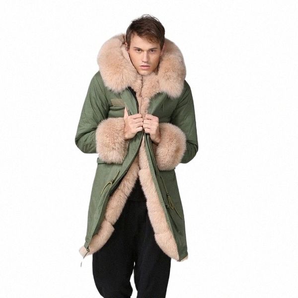 Luxuoso Lg Fur Parka Bege Forro de pele sintética Fox Fur Cuffs Jacket For Men Winter Thick Warm Plus Size Coat UK Style Y6ae #