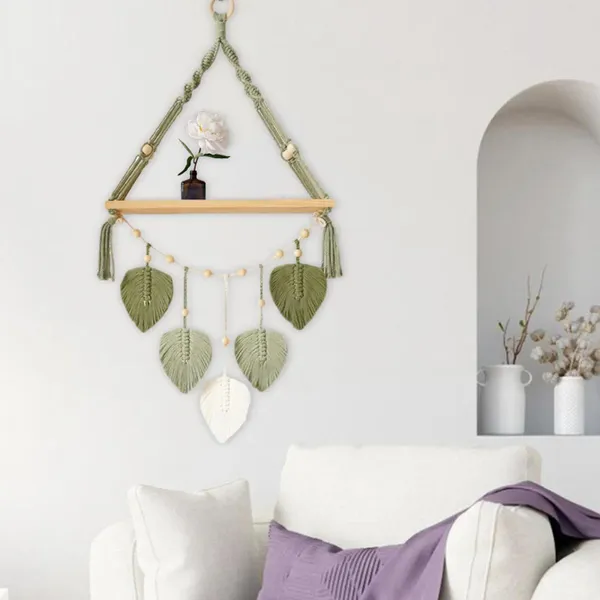 Tapeçarias folhas macrame parede pendurado tapeçaria tecido de madeira prateleira flutuante para quarto interior sala de estar pano de fundo presente de aniversário