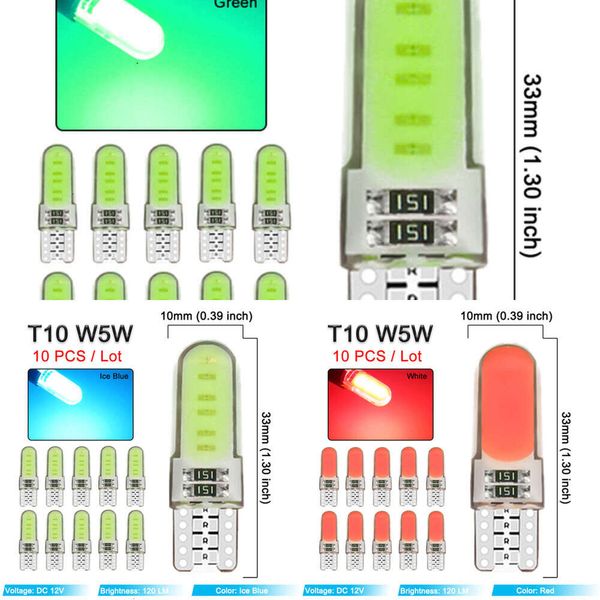 Upgrade 10 Stück T10 W5W LED-Silikon-wasserdichte COB-Glühbirne 12 V 7500 K weiße Auto-Innenkuppel zum Lesen von Kofferraum-Nummernschildkeil-Seitenlichtern