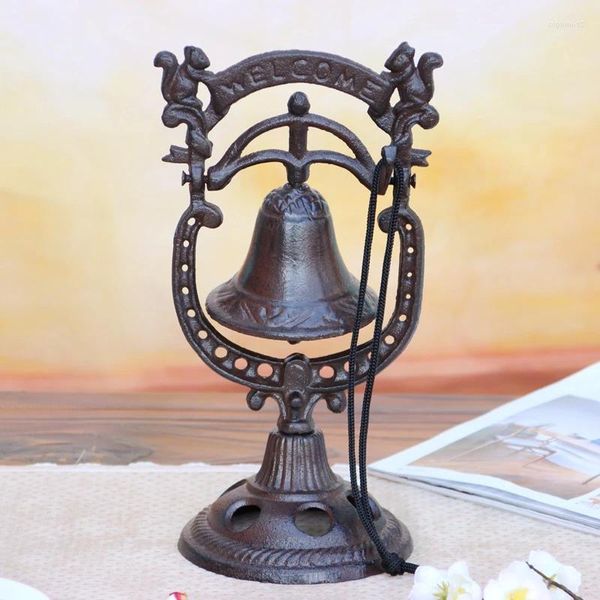 Estatuetas decorativas gecarrel europeu vintage ferro fundido mesa manivela sino barra de metal portátil esquilo bem-vindo