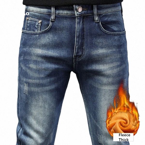 Shan BAO 2022 tendência de inverno marca de lã grossa m fit stretch jeans clássico couro jovem masculino slim lápis jeans calças cônicas 11eh #