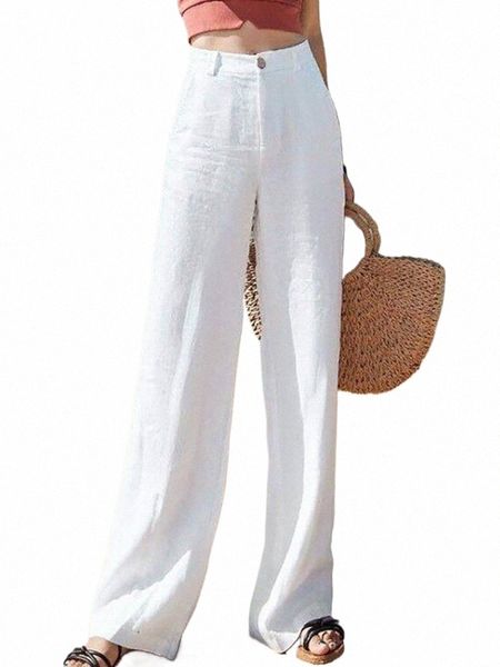 Pantaloni da donna estivi Cott Lino Pantaloni larghi a gamba intera Lunghezza casual Solido bianco Pantaloni larghi a vita alta dritti Donna v5Iy #