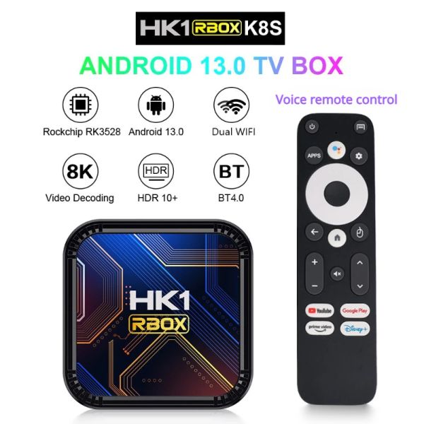 Hk1 rbox k8s android 13 tv box duplo wifi 8k hd bluetooth 4.0 controle remoto de voz leitor de mídia inteligente 2gb/16gb 4gb/32gb 4gb/64g