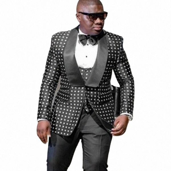 Preto Check Dots Slim Fit Homens Ternos para Casamento 3 Peça Africano Noivo Smoking Personalizado Homem Fi Jaqueta Colete Calças 2023 B8lm #