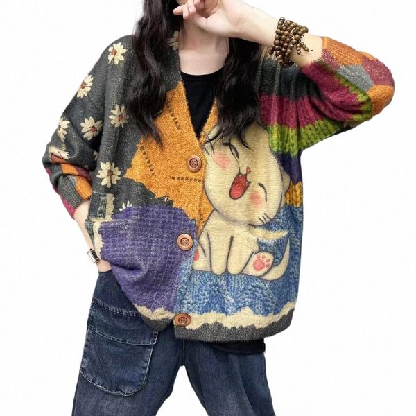 Dimanaf Новые осенние свитера больших размеров Кардиган больших размеров Женские свитера с цветочным принтом Вязание Свободный свитер a5Uz #