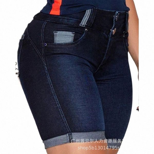 Frauen Denim Shorts 2023 Sommer Retro Einfache Hüfte Heben Einfarbig Hohe Taille Enge Höhe Elastische Gesäß Taschen Jeans Hosen k1sx #