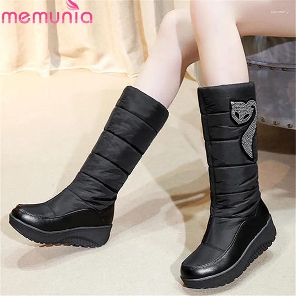 Botas memunia 2024 est mulheres meados de bezerro pu para baixo inverno neve cristal deslizamento em manter quente sapatos de plataforma plana mulher