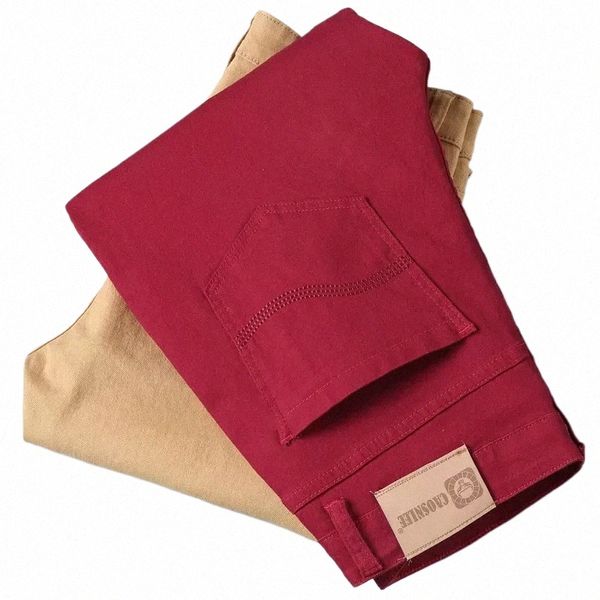 2023 Yeni Erkekler Khaki Kırmızı Şarap Kot Klasik Stil Busin Fi Düz Renk Streç Düz Denim Pantolon Erkek Marka Pantolon E5DF#