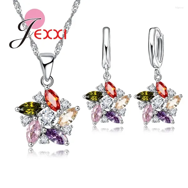 Halskette Ohrringe Set 2 Farben CZ Kristall 925 Sterling Silber Damen Niedliches Design Glänzender Anhänger Ohrring Großhandel