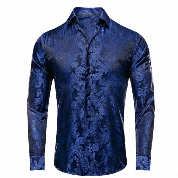 Hi-tie Mens Camisas De Seda Paisley Azul Marinho Rosa Preto Branco Verde Lg Manga Lapela Camisa Casual Formal para Masculino Casamento Busin s3bj #