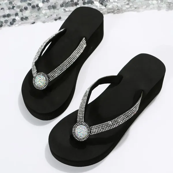 Chinelos femininos brilhantes diamante inclinação salto grosso sapatos de praia espinha de peixe chinelo cor sólida moda flip flops calçados plus size