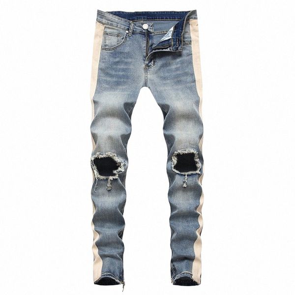 Männer Seitenstreifen Große Löcher Zerrissene Jeans Streetwear Knöchel Reißverschluss Slim Skinny Stretch Denim Bleistift Hosen Hosen Blau Schwarz N3hQ #