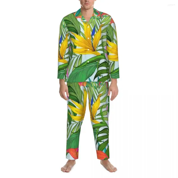 Startseite Bekleidung Tropische Blumen-Pyjama-Sets, Herbst-Hawaii-Blatt-Druck, weiche Nachtwäsche für Herren, zweiteilig, lässig, übergroß, grafische Nachtwäsche, Geschenk