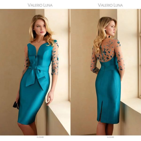 Cocktail azul mãe da noiva vestidos com decote em v apliques mangas compridas vestido de convidado de casamento faixa na altura do joelho voltar dividir vestido de mãe