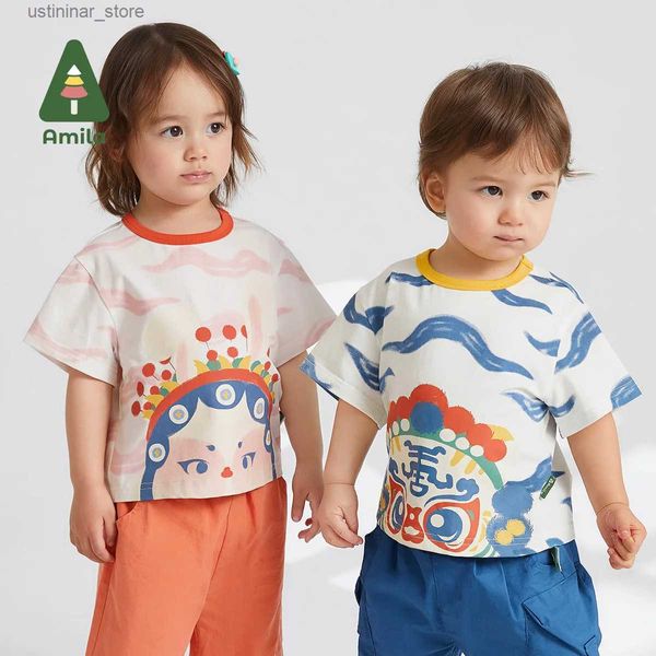 T-shirt Amila Baby T-shirt 2023 Estate New Cute Opera di Pechino Cartoon Stampato digitale Casual Top Bambini Ragazzi Vestiti per ragazze 0-6 Sì 0-6Y24328