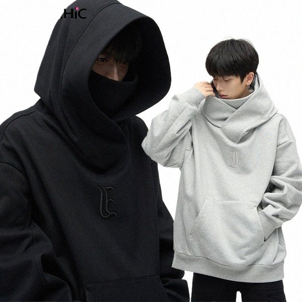 Reddachic Turtleneck Kapuzen -Sweatshirt -Männer Retro Grey Black Hoodies Übergroße lässige Stickerei Grafik Pullover Y2K STREETWEY K9JA#